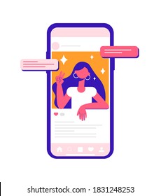 Phone with a photo in the social network feed. Modern vector minimalistic illustration. Social media concept. 