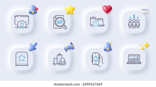 Phone photo, Web analytics and Time management line icons. Buttons with 3d bell, chat speech, cursor. Pack of Check article, Loyalty ticket, Inspect icon. Bell alert, Meeting pictogram. Vector