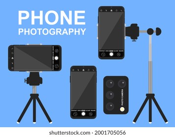 Phone Photography With Tripod And Remote Control On Blue Background. Concept Of Mobile Smartphone Camera For Easy And Fast Photography. Flat Cartoon Vector Illustration