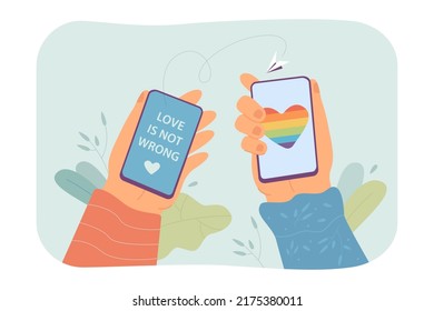 Phone with phrase love is not wrong on its screen. Human hand holding smartphone with rainbow heart on screen flat vector illustration. LGBT concept for banner, website design or landing web page