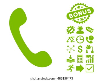 Phone pictograph with bonus design elements. Vector illustration style is flat iconic symbols, eco green color, white background.