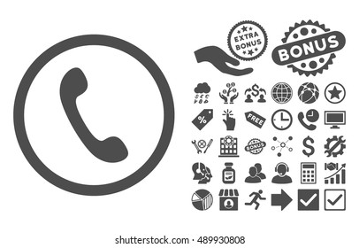 Phone pictograph with bonus elements. Vector illustration style is flat iconic symbols, gray color, white background.