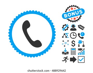 Phone pictograph with bonus pictogram. Vector illustration style is flat iconic bicolor symbols, blue and gray colors, white background.