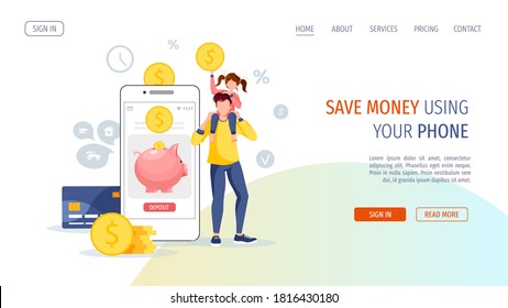 Phone with piggy bank on the screen and coins. Dad with daughter on his shoulders. Money saving or accumulating, Financial services, Mobile app, Internet banking concept. Vector illustration.