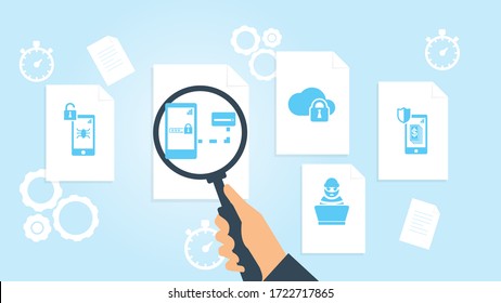 Phone, pin, smart car file, document research vector illustration. Document with search icons. File and magnifying glass. Analytics research sign. Vector Illustration