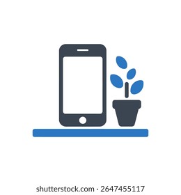 Telefone com um pote de planta ao lado dele ícone