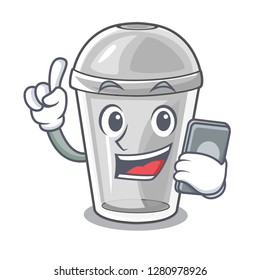 With phone plastic cup in the cartoon form