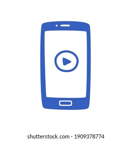 The phone with the play icon on the screen is isolated on white, listen to music on your smartphone. Hand-draw illustration in doodle style. Modern vector hand-drawn illustration.