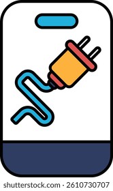 A phone with a plug on it. The plug is orange and red. The phone is white