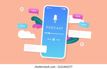Phone with podcast on screen - vector illustration of smartphone using app and various design elements floating in background