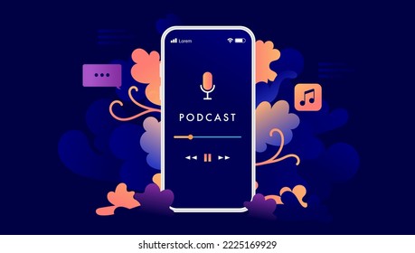 Phone podcast - Vector illustration of smartphone screen playing a podcast with audio and design elements on dark floral beautiful background