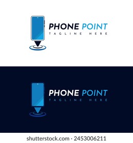 Phone Point Logo Vector. With Handphone, Pin Point, and location icon. On blue, navy, and white colors. Premium and luxury logo design