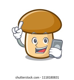 With phone porcini mushroom character cartoon