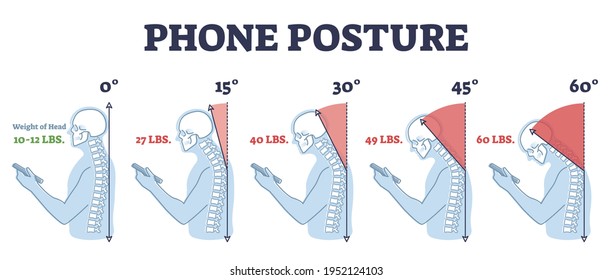 Phone posture while standing for correct spine and neck angle outline diagram. Healthy smartphone browsing from anatomical view vector illustration. Head weight problem and potential medical injury.