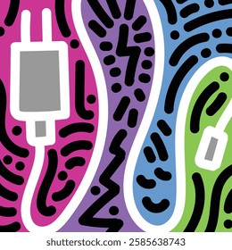 Phone power supply colorful doodle. Simple illustration. Hand drawn doodle for sticker, postcard, wallpaper, mural, fabric, prints, wall decor, clothing, etc