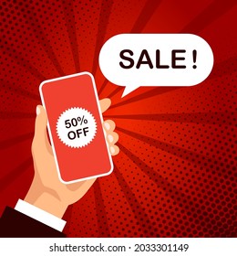 Telefon mit Preisverfall Sprechblase. Vorlage für Unternehmen, Marketing und Werbung. Marketing-Sonderangebot-Werbung. Hand hält Smartphone. Vektorgrafik im Pop-Art-Stil.