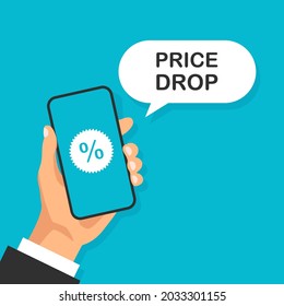 Phone with price drop speech bubble. Template for business, marketing and advertising. Marketing special offer promotion. Hand holds smartphone. Vector illustration in pop art style.