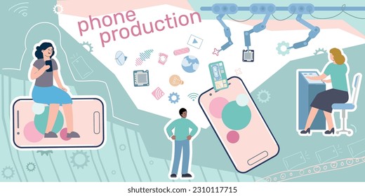 Composición de producción de teléfonos con collage de iconos planos aislados engranajes pictogramas líneas de ensamblaje de smartphones personajes humanos ilustración vectorial