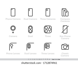 Phone Professional Cameras Icon Set. One, Two, Three Cameras And Compare Smartphones, Camera Systems. Editable Line Vector On White Background