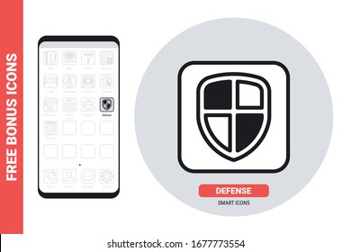 Phone protect, defender or antivirus application icon for smartphone, tablet, laptop or other smart device with mobile interface. Simple black and white version. Contains free bonus icons