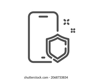 Phone protect line icon. Smartphone shield sign. Safe cellphone symbol. Quality design element. Linear style phone protect icon. Editable stroke. Vector