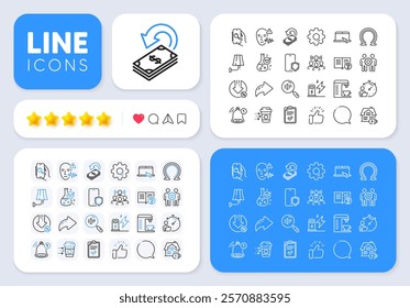 Phone protect, Team work and Coffee machine line icons for web app. Message, Share, Like social media icons. Pack of Checklist, Chemistry lab, Search text pictogram icons. Vector