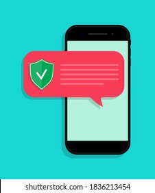 Phone protect from virus. Notification with alert about secure in smartphone. App for safe from fraud in mobile. Icon for anti spam in telephone. Scam attack, hackers threat, defence from them. Vector