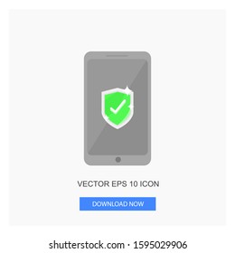 Phone Protected Security Smartphone Gray Color With Shield Protection Green Color Check Flat  Icon Vector Illustration White Background