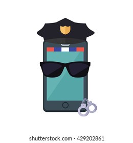 Phone protection design concept. flat style. Smartphone dressed in a police cap in black glasses with handcuffs. Protection of mobile phone and security digital access web, vector illustration