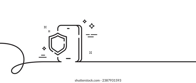 Icono de línea de protección telefónica. Una línea continua con curl. Signo de antivirus Smartphone o Cellphone. Símbolo de accesorios móviles. Cinta de contorno simple de protección telefónica. Patrón de curva de bucle. Vector