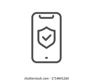 Phone protection line icon. Cyber defence sign. Security shield symbol. Quality design element. Editable stroke. Linear style phone protection icon. Vector
