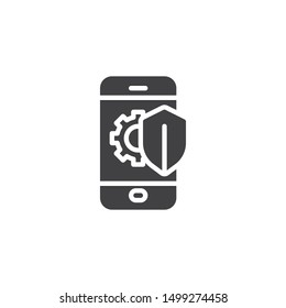 Phone protection shield vector icon. Mobile repair guarantee filled flat sign for mobile concept and web design. Smartphone screen with gear and shield glyph icon. Symbol, logo illustration. 