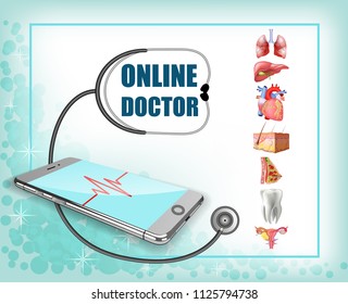 Phone, pulse line, stethoscope. Body online, the concept of remote medicine. Vector realistic illustrations