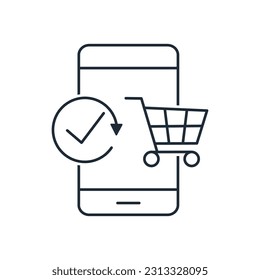 Flecha de teléfono, compra y movimiento con marca de verificación. Compras móviles y comercio electrónico. Icono lineal vectorial aislado en fondo blanco.