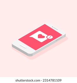 Phone and push like notifications. Social network app and notification icon. Vector isometric illustration isolated.