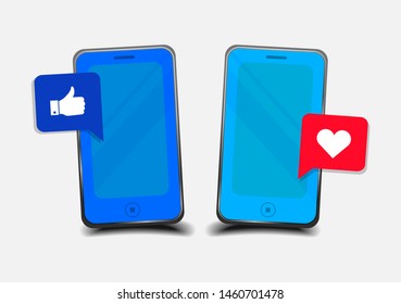 Phone and push notifications. Heart and like emoji speech bubble get message on screen. 