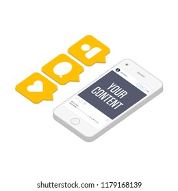 Phone and push notifications in isometric projection. Like, follower and comment isometric icons set. Social network app signs. Flat, simple style. Vector illustration EPS 10.