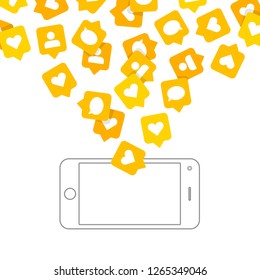 Phone and push notifications. Like, follower and comment icons set. Social network app signs. Flat, simple style. Design Elements for Business App, Marketing, SMM or CEO. Vector illustration EPS 10.