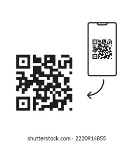 Telefon mit Qr-Code-Linie Symbol. Quar-Codes mit Inschrift scannen Sie mich mit Smartphone, Pfeil. Scannen Sie mich. Scannen Sie QR-Code-Icon, mobile App und Identifikation. Vektorschwarz-Set-Symbol auf weißem Hintergrund