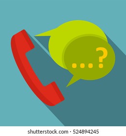 Phone with question mark speech bubble icon. Flat illustration of phone with question mark speech bubble vector icon for web isolated on baby blue background