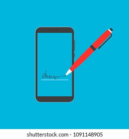 Phone with random electronic signature and pen vector illustration sign isolated on blue background. Concept of online paperwork, no paper symbol