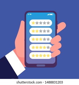 Phone rating scales. Hand holding smartphone, feedback or review stars vector concept