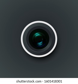 Phone realistic camera lens with flare and shadow on dark background. High detailed smartphone camera