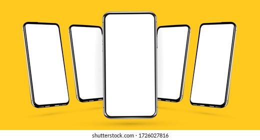 Phone realistic perspective mockup of five rotated angled smartphones. Template for web design, webpages, banners, landings, presentations on yellow background