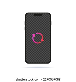 Phone with reboot sign. Mock up smartphone screen. Need to restart the screen. Data update notification. Mobile security concept, recycling. Stock Vector