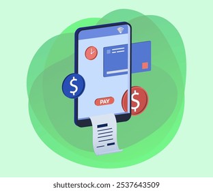 Phone with receipt and pay button on screen vector illustration. Cartoon drawing of smartphone, coins or cash and credit card as payment options. Online shopping, payment, finances, technology concept