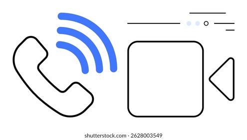 Receptor de telefone com ondas sem fio azuis e ícone de câmera de vídeo com sinais digitais. Ideal para comunicação, telecomunicações, videochamadas, trabalho remoto, interações digitais, reuniões on-line