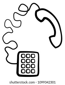 Phone receiver cable and box symbol retro line drawing black, stylized vector illustration, horizontal, over white, isolated