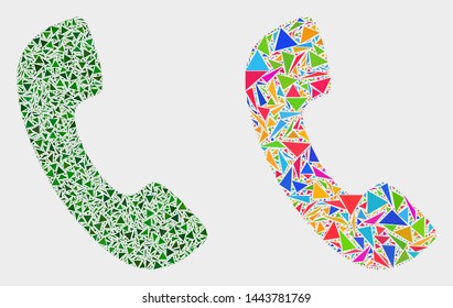 Phone receiver collage icon of triangle elements which have variable sizes and shapes and colors. Geometric abstract vector illustration of phone receiver.