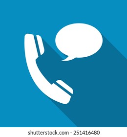 Phone receiver as "contact us" icon. Telephone handset with talk bubble isolated on blue background. Modern design flat style icon with long shadow effect